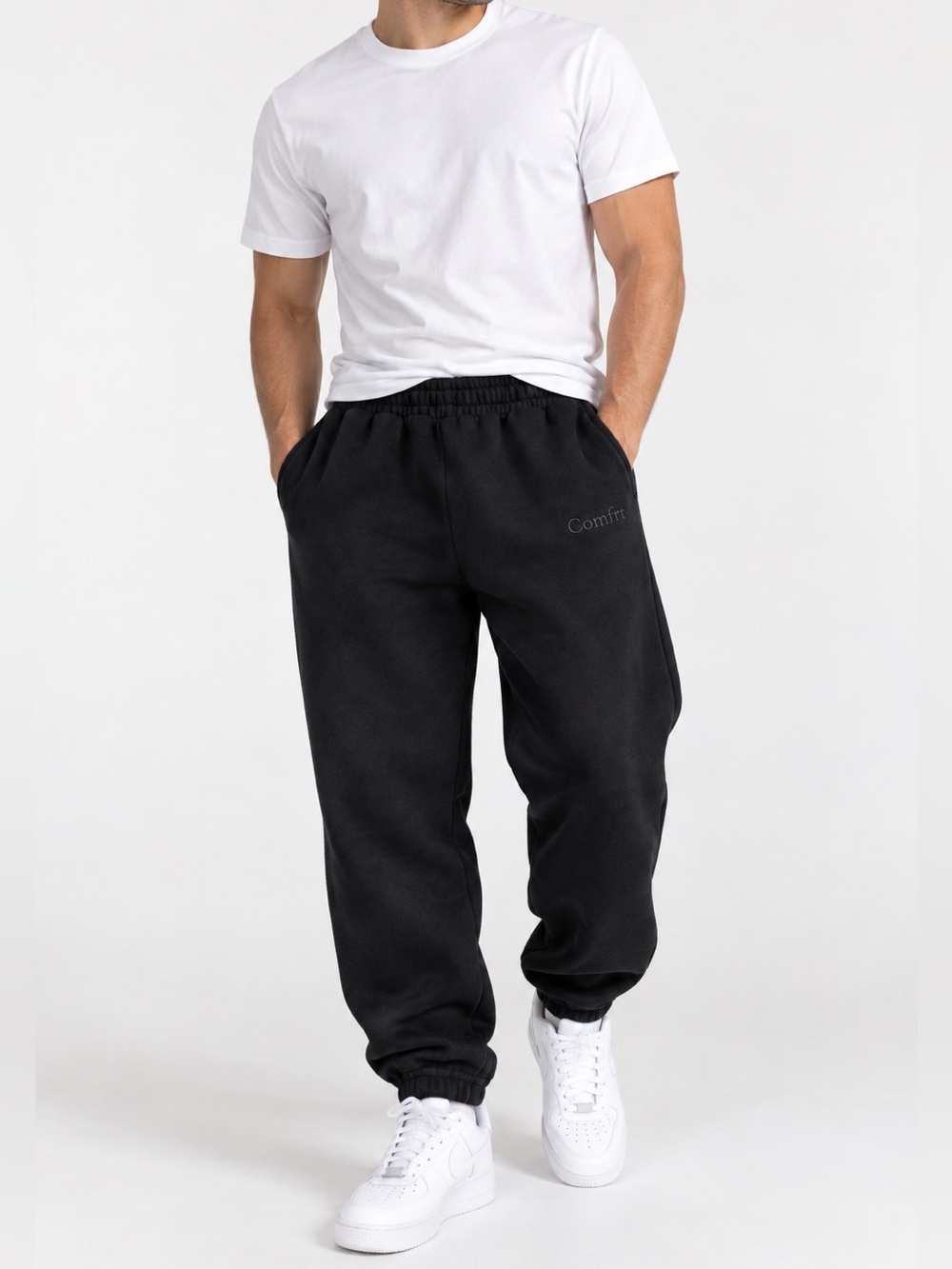 Comfrt Sweatpants Men's Medium Black Cozy Fleece Relaxed Fit Pockets Joggers